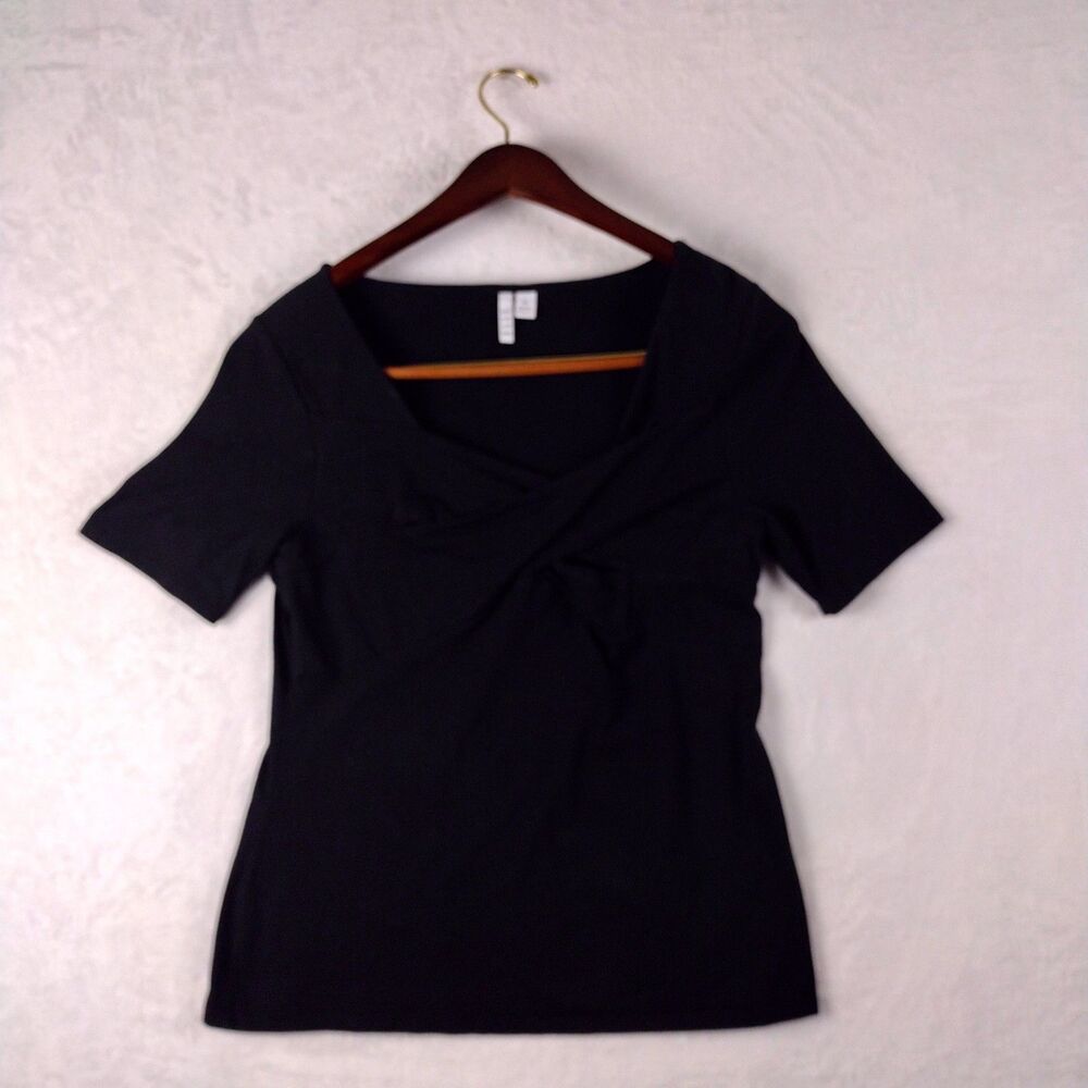 Elle Women XL Black Short Sleeve Knit Top Criss Cross Neckline Stretch Blouse